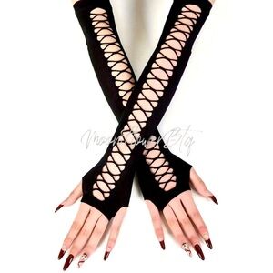 Black Strappy Long Fingerless Gloves